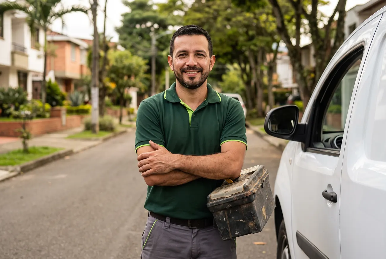 Técnico de TecniHogar Cali con su furgoneta de servicio a domicilio